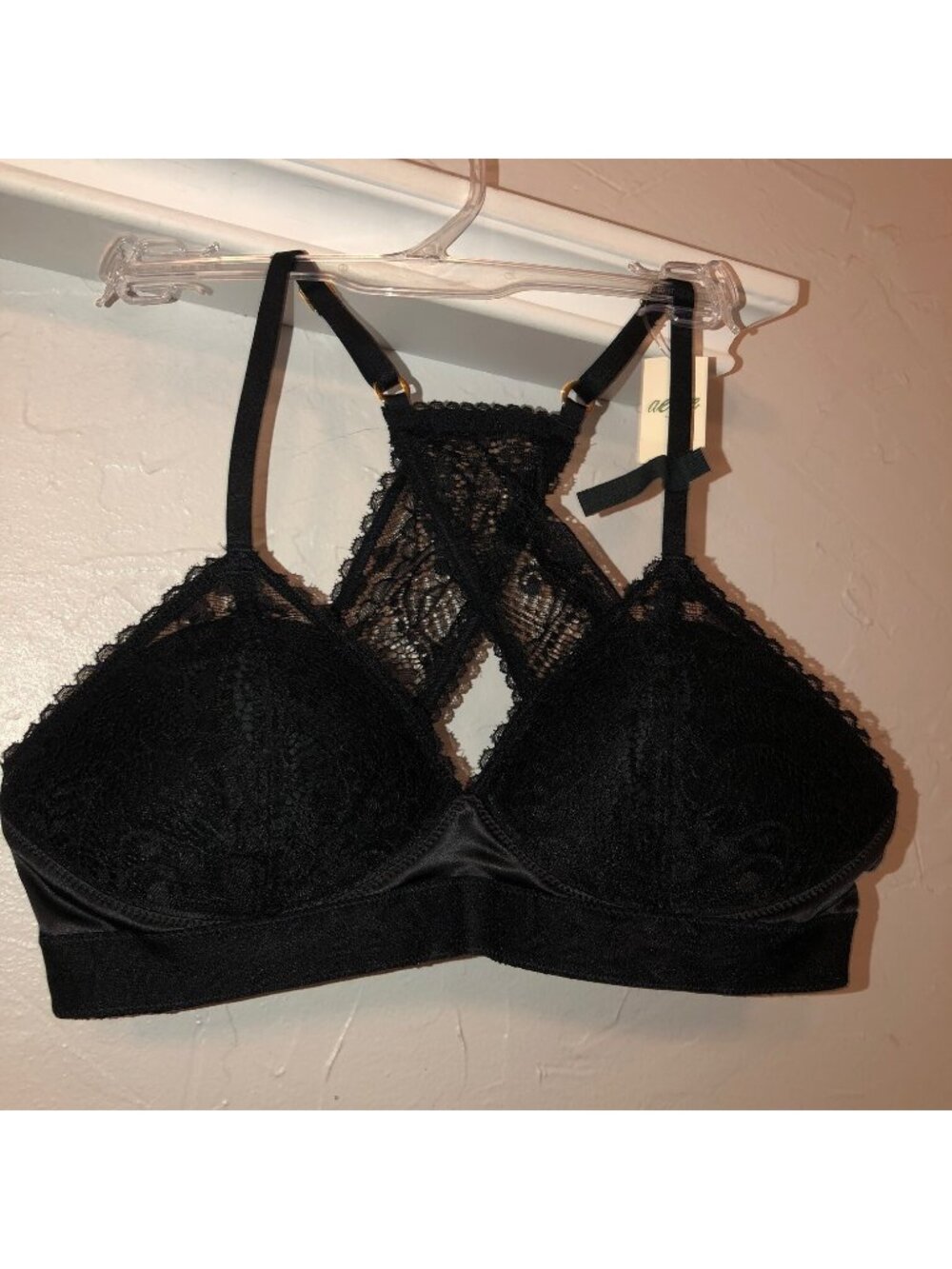 NWT Aerie Womens 34C Wireless Criss Cross Lace Back Padded Black Bra MSRP $55